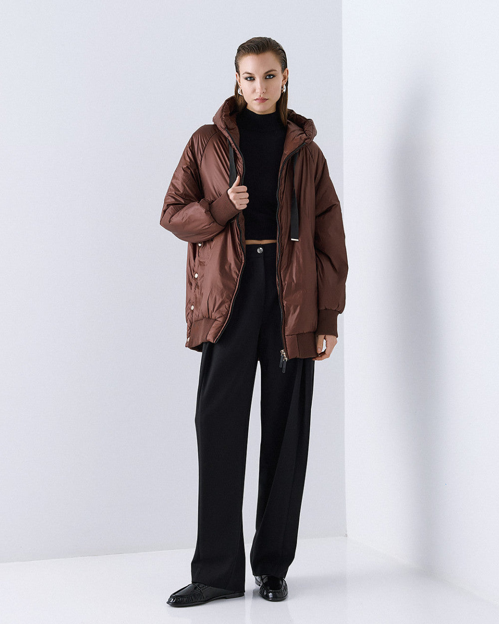 54-9130 Hoodie Puffer Long Jacket - Brown Loft