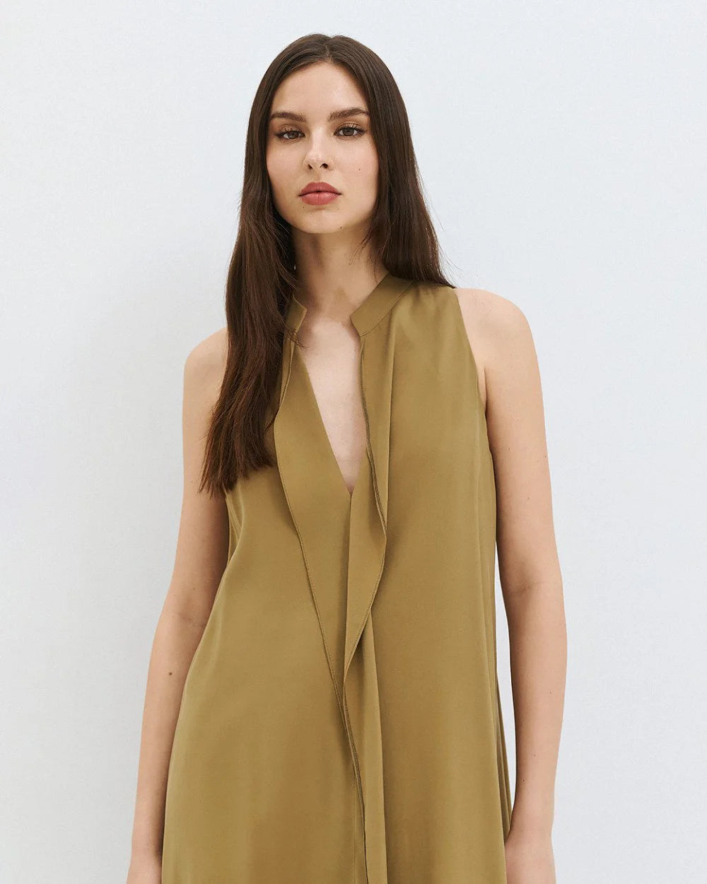 63-3321 Sleeveless Dress with Ruffles - Brown Loft