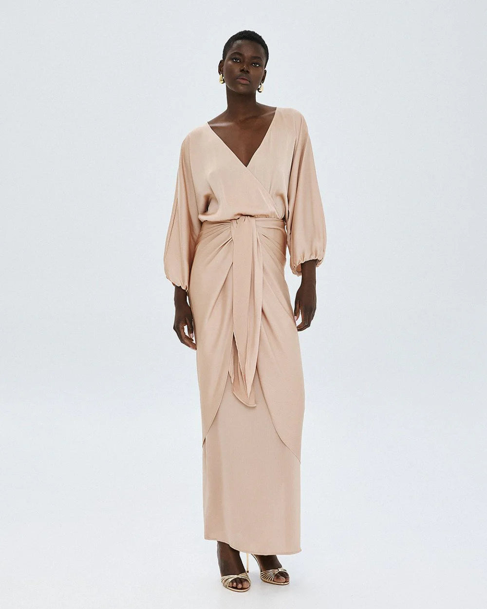 63-3379 Long Wrap Tie Dress - Brown Loft