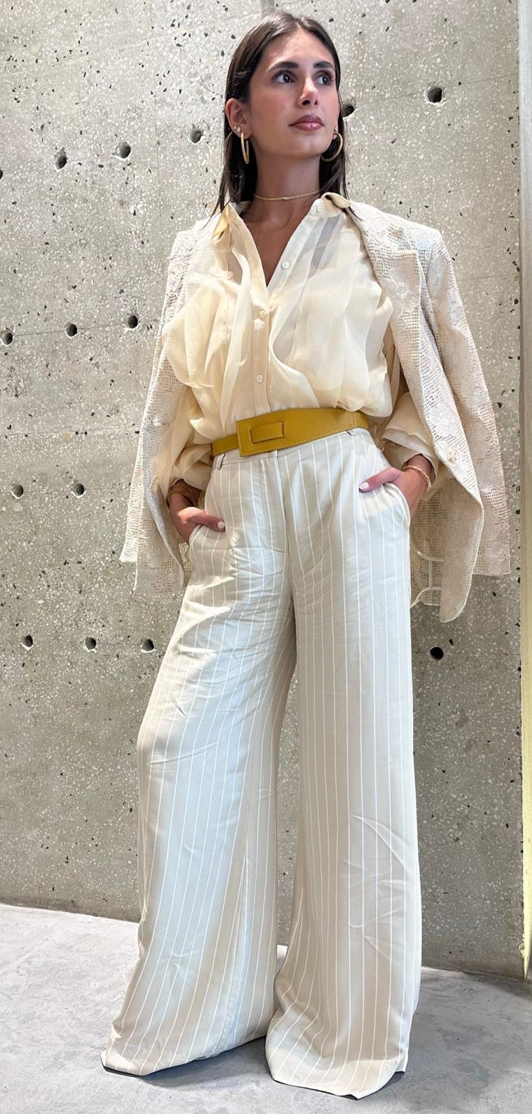 53-5053 High Waist Striped Flare Pants - Brown Loft