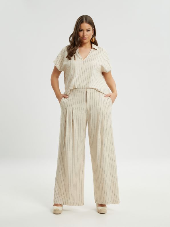 8301.2064 High-Waist Wide Leg Striped Linen Pants - Brown Loft