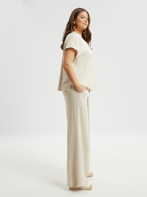 8301.2064 High-Waist Wide Leg Striped Linen Pants - Brown Loft