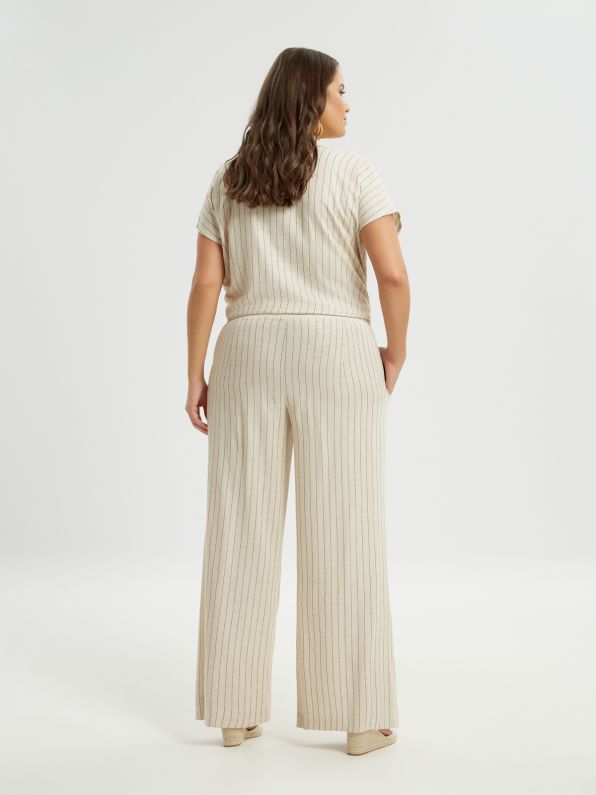 8301.2064 High-Waist Wide Leg Striped Linen Pants - Brown Loft