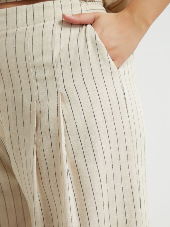 8301.2064 High-Waist Wide Leg Striped Linen Pants - Brown Loft