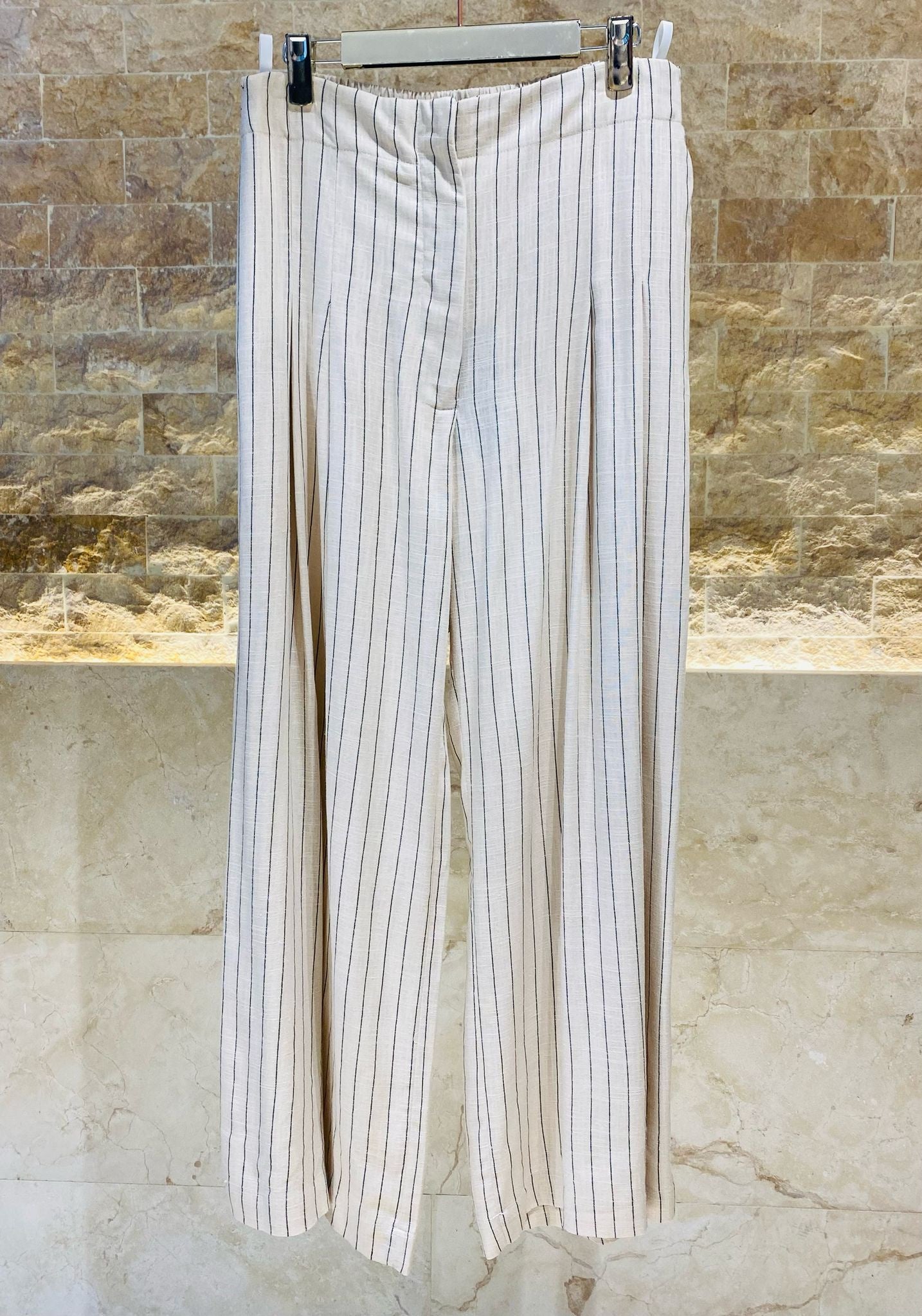 8301.2064 High-Waist Wide Leg Striped Linen Pants - Brown Loft