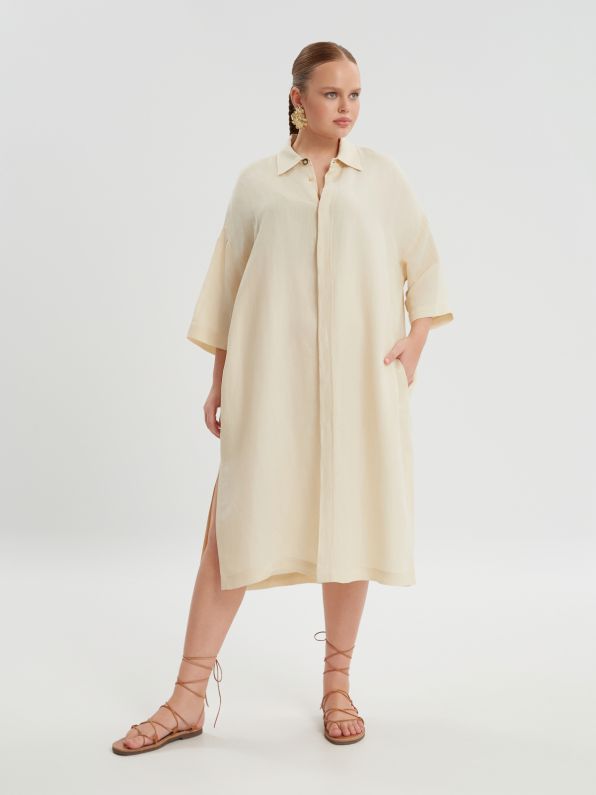 8301.7134 Oversized Straight Cut Linen Dress - Brown Loft