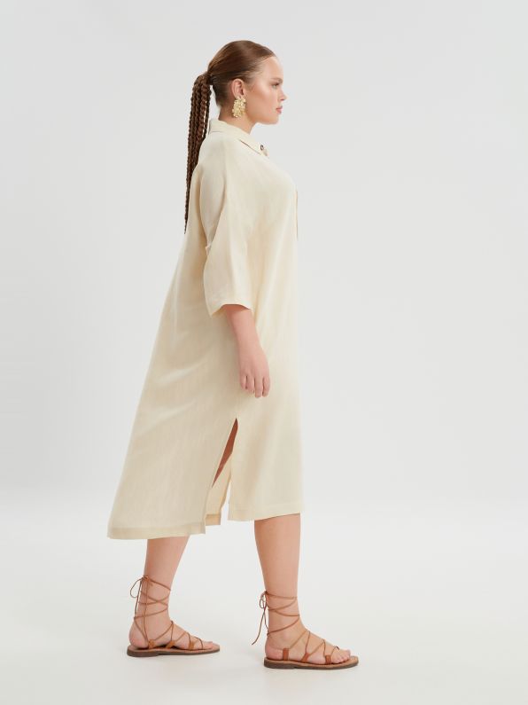 8301.7134 Oversized Straight Cut Linen Dress - Brown Loft