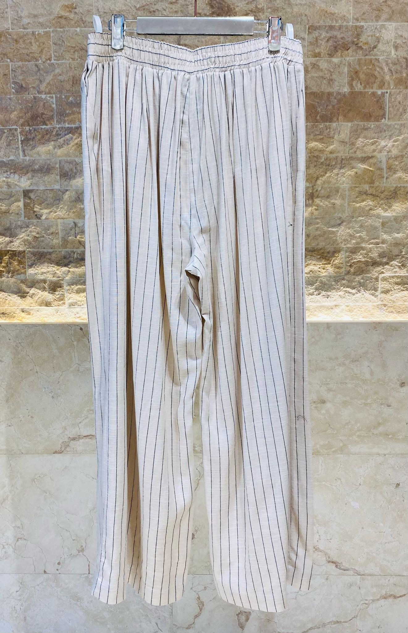 8301.2064 High-Waist Wide Leg Striped Linen Pants - Brown Loft