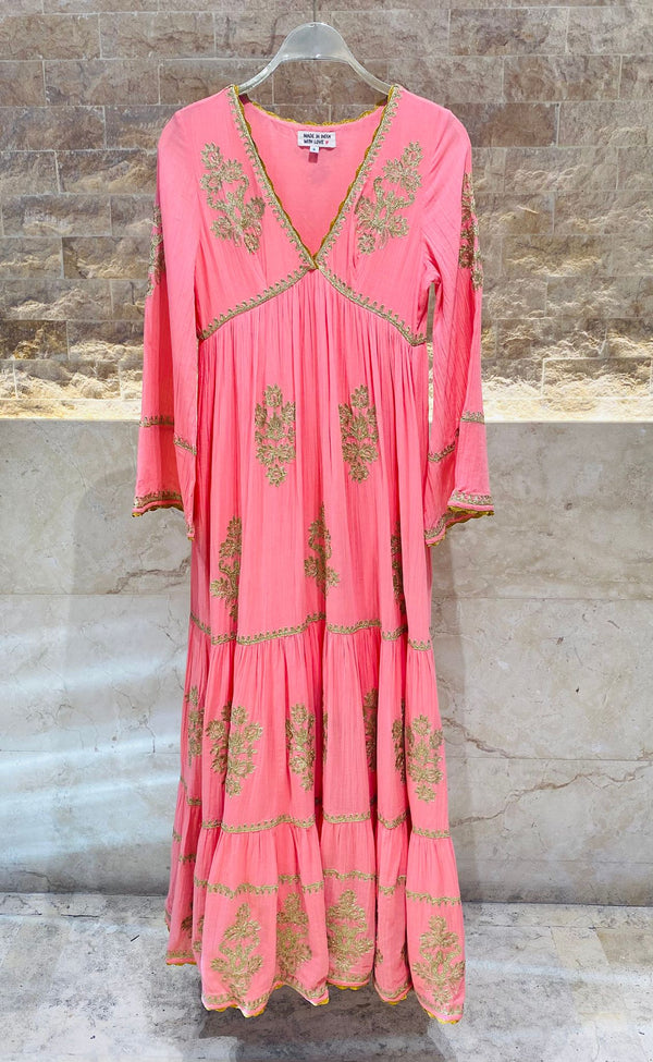 Long Gold Embroidered Cotton Dress