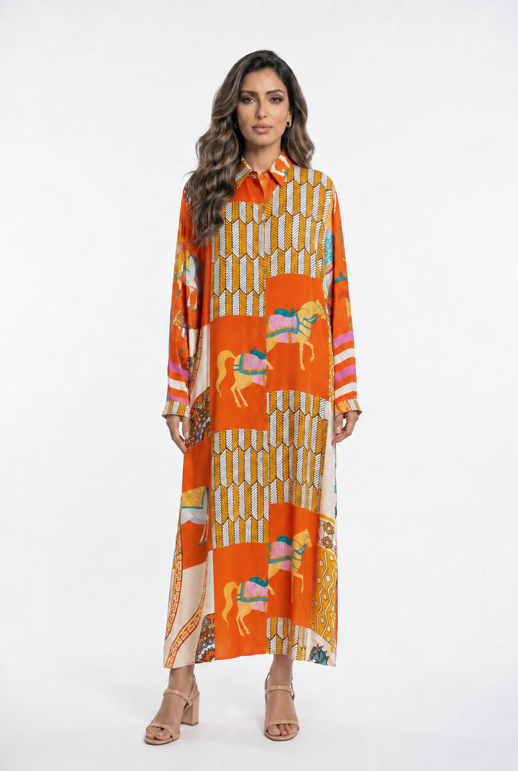 KD6255VS-20 Equestrian Print Oversized Satin Long Dress