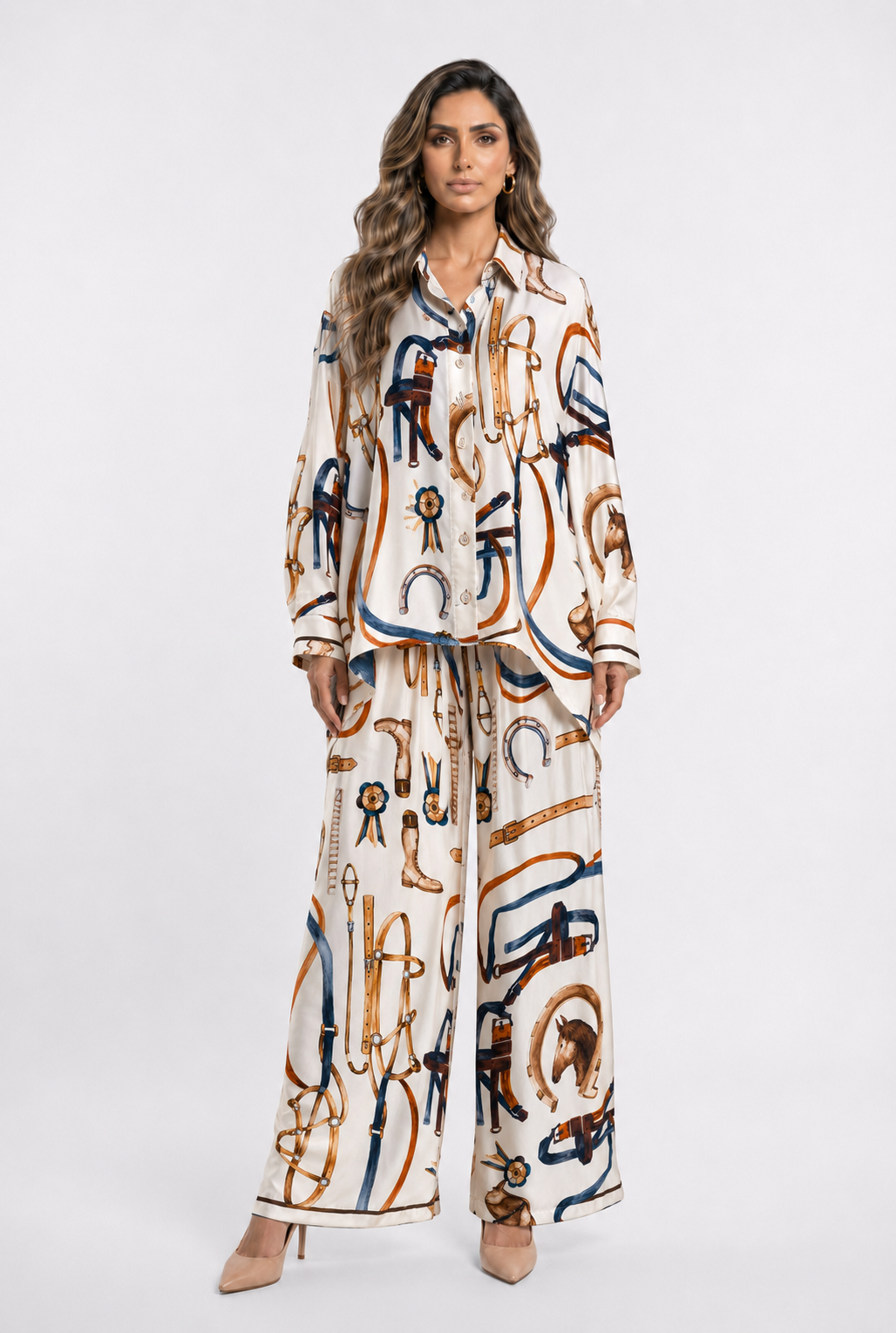 Equestrian Printed Satin Shirt and Pants Set KD9721/6637VS-41