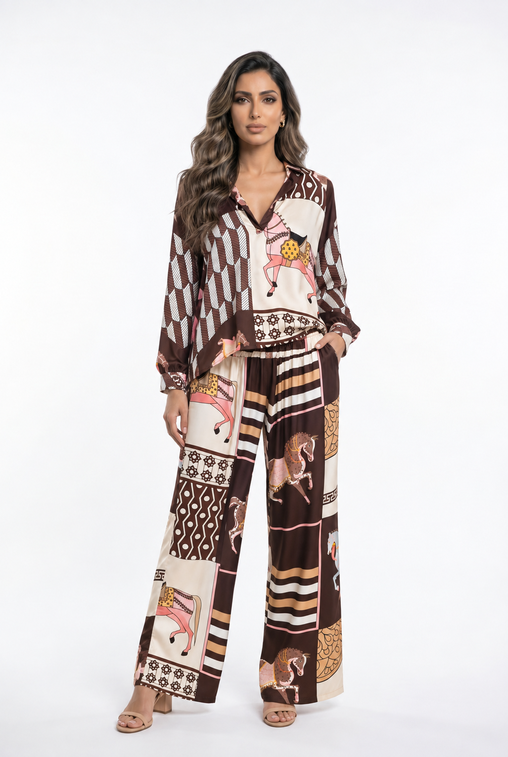 Equestrian Printed Satin Top and Pant Set KD7635VS/66375-20