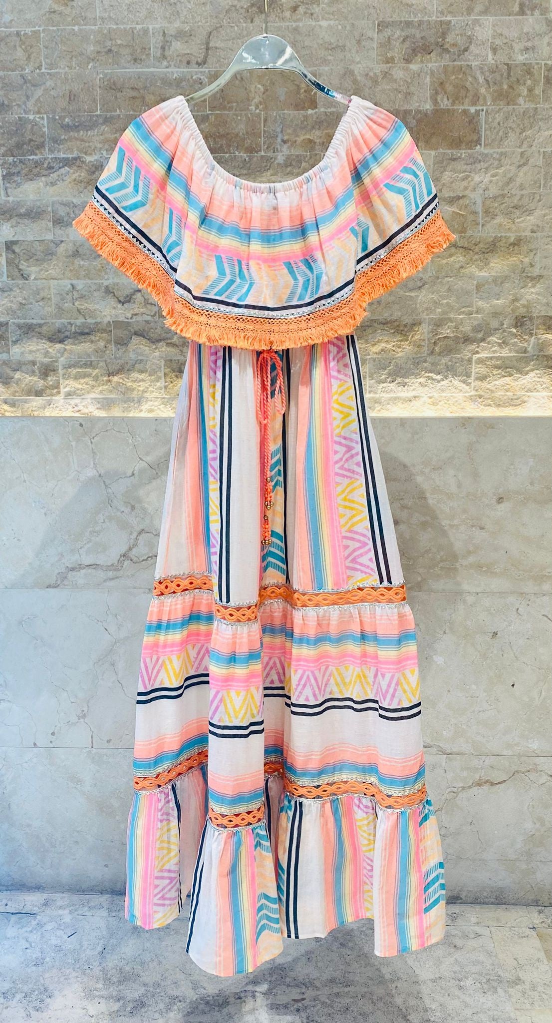 I208 Off Shoulder Bohemian Maxi Dress - Brown Loft