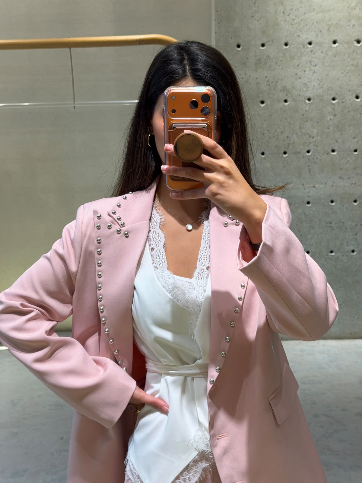 Straight-cut blazer jacket with studded lapel collar JM33607