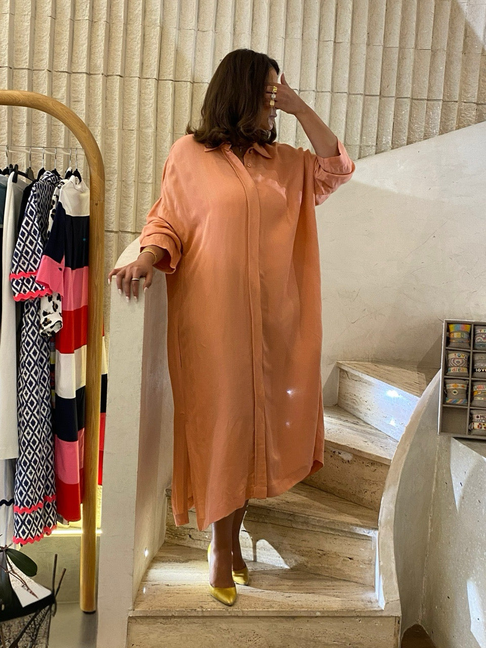 8301.7134 Oversized Straight Cut Linen Dress - Brown Loft