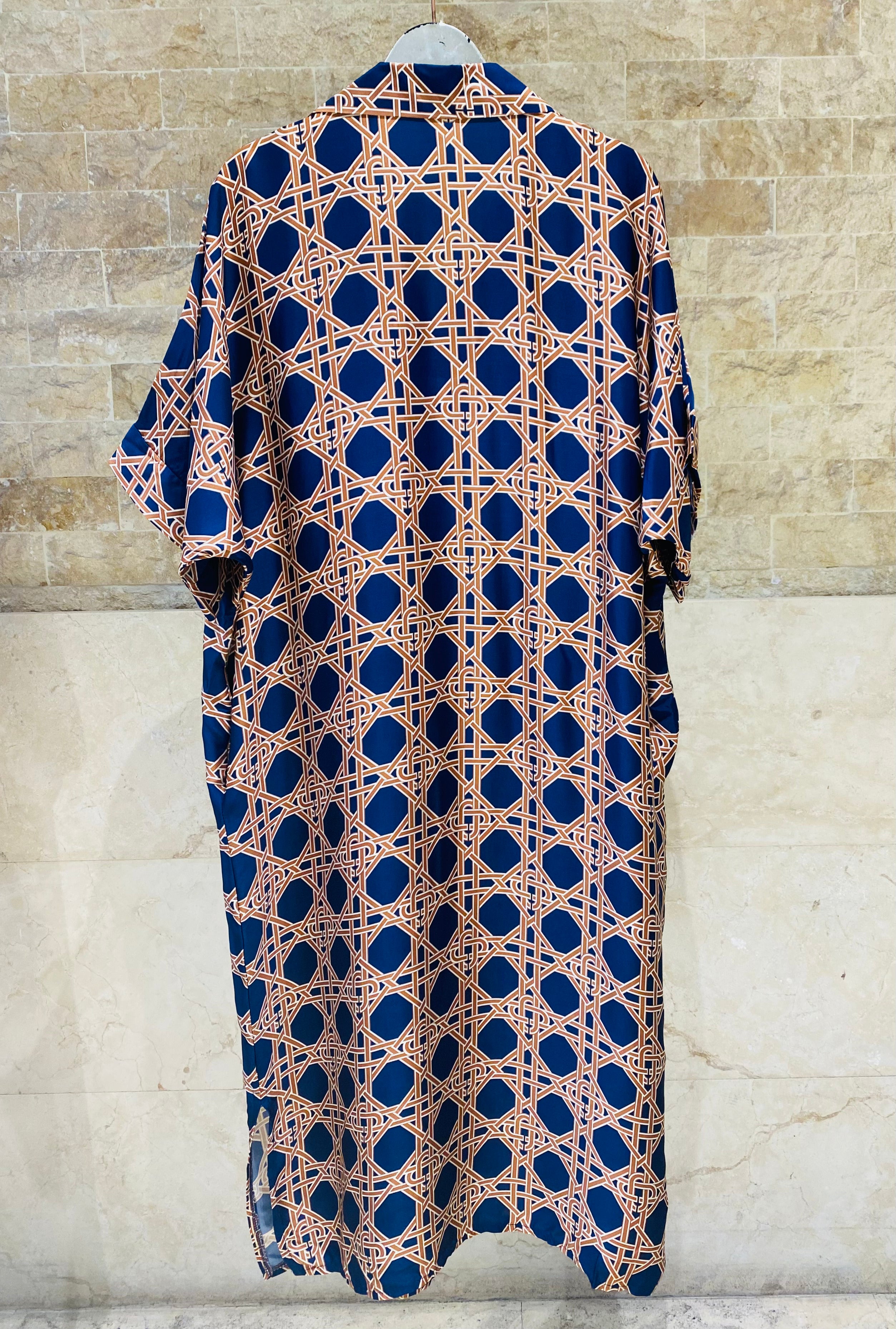 KD9702VS Geometric Cane Print Satin Dress
