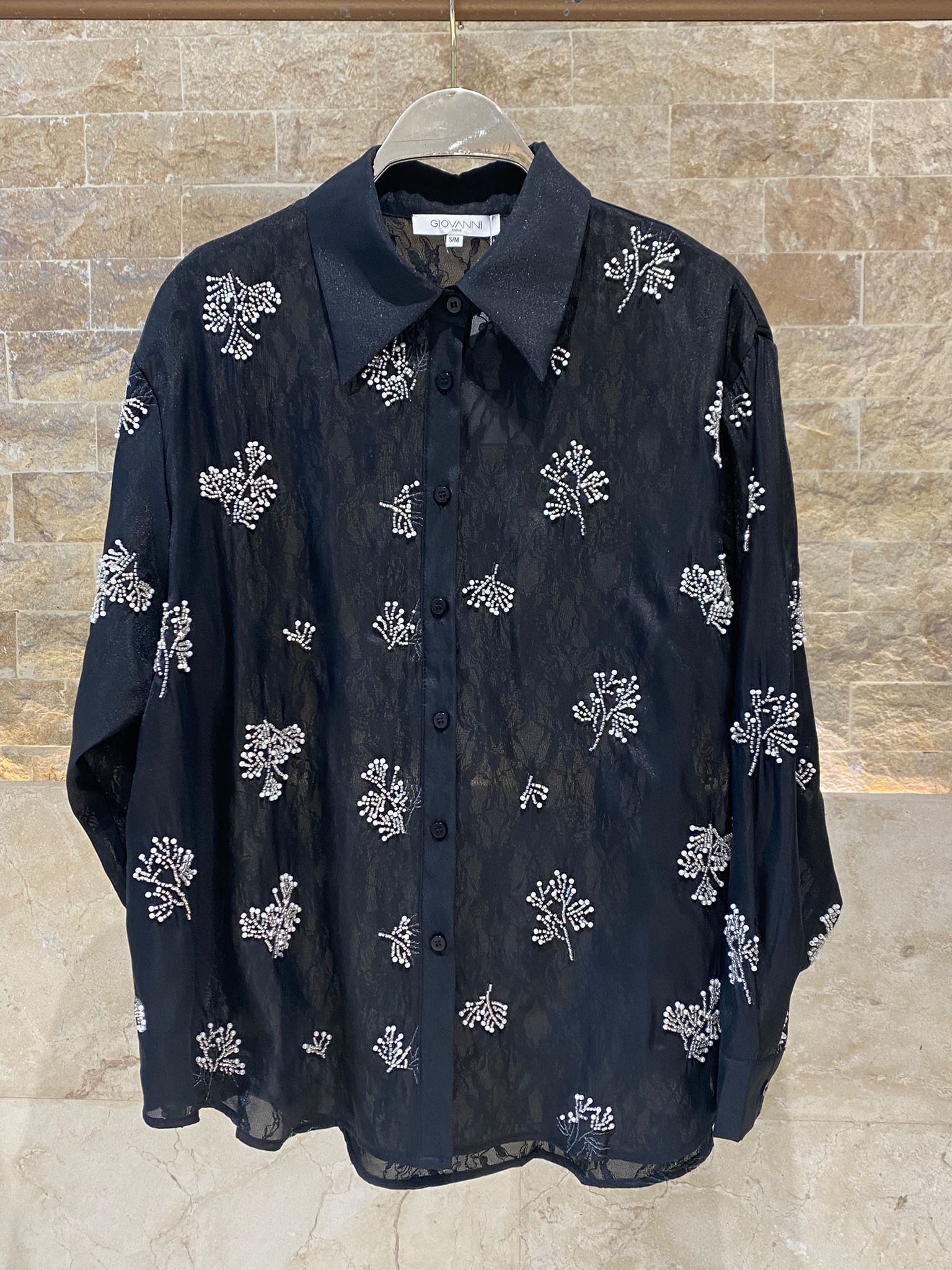 Jessy Beads/Pearls Detailed Sheer Shirt قميص شفاف مزين بالخرز/اللؤلؤ - Brown Loft