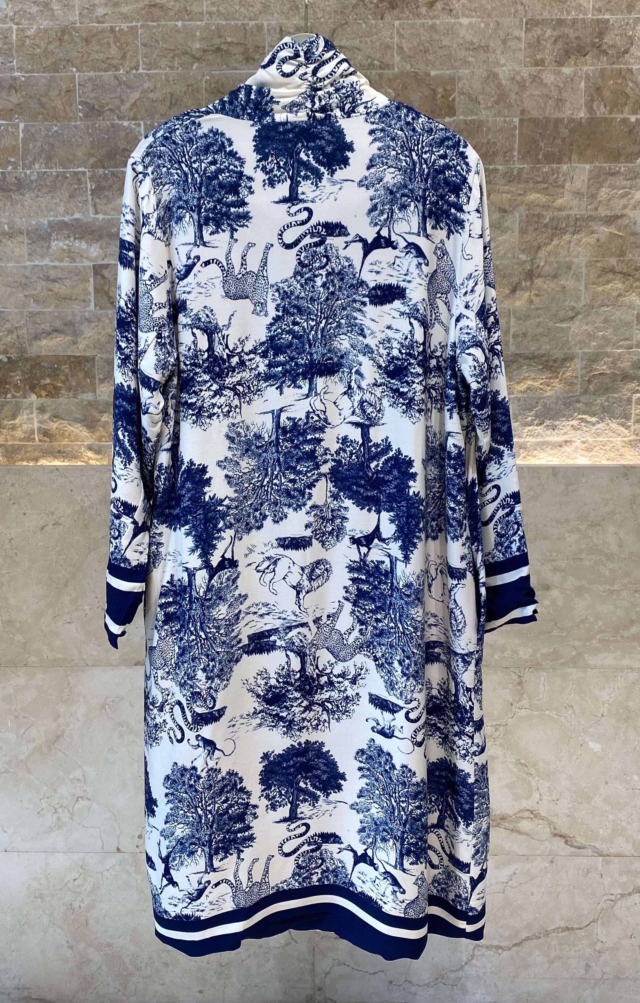 KD7182TN Safari Print Satin Long Cardigan - Brown Loft