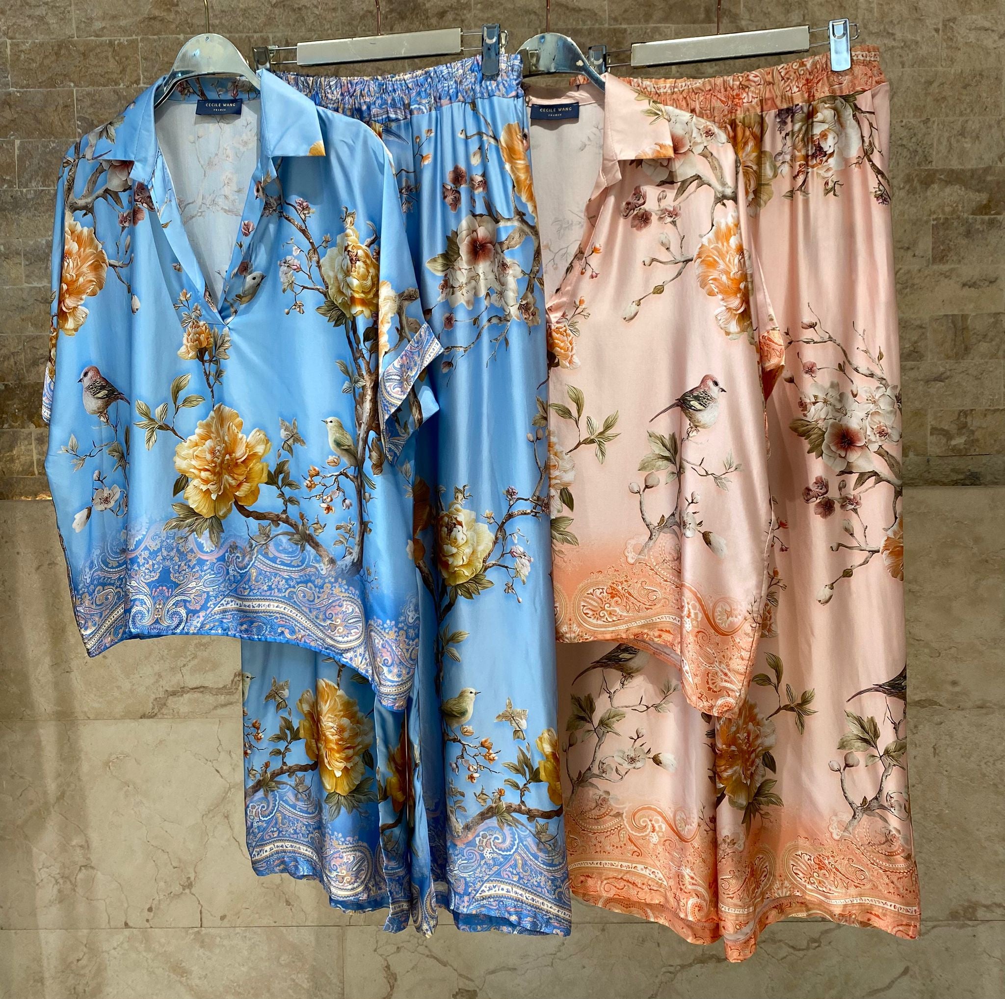 KD7607VS Floral Bird Print Satin Set - Brown Loft