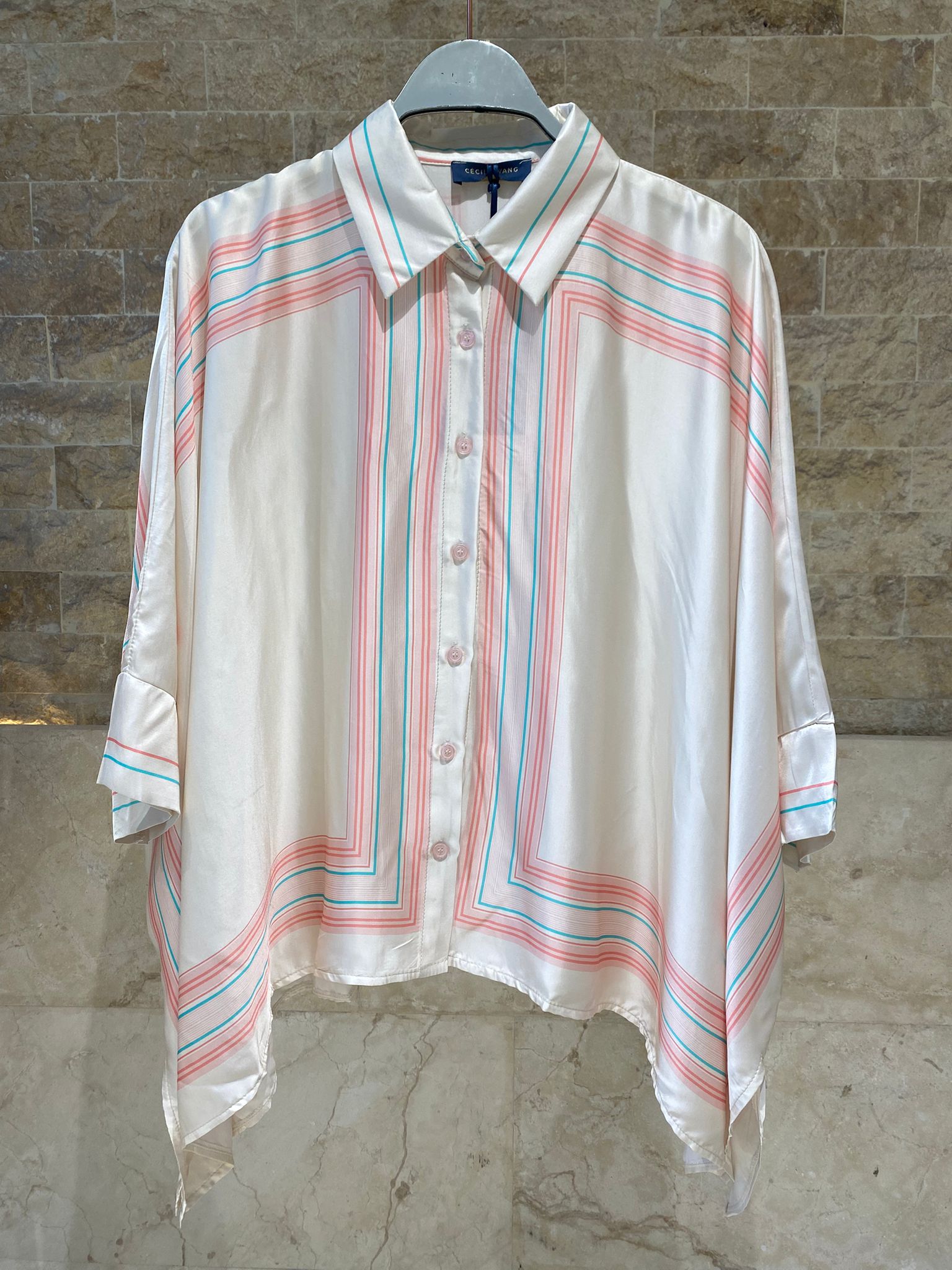 KD8871/9099-7 Ticking Stripe Satin Cape Shirt and Pants قميص وبنطال من الساتان المخطط - Brown Loft