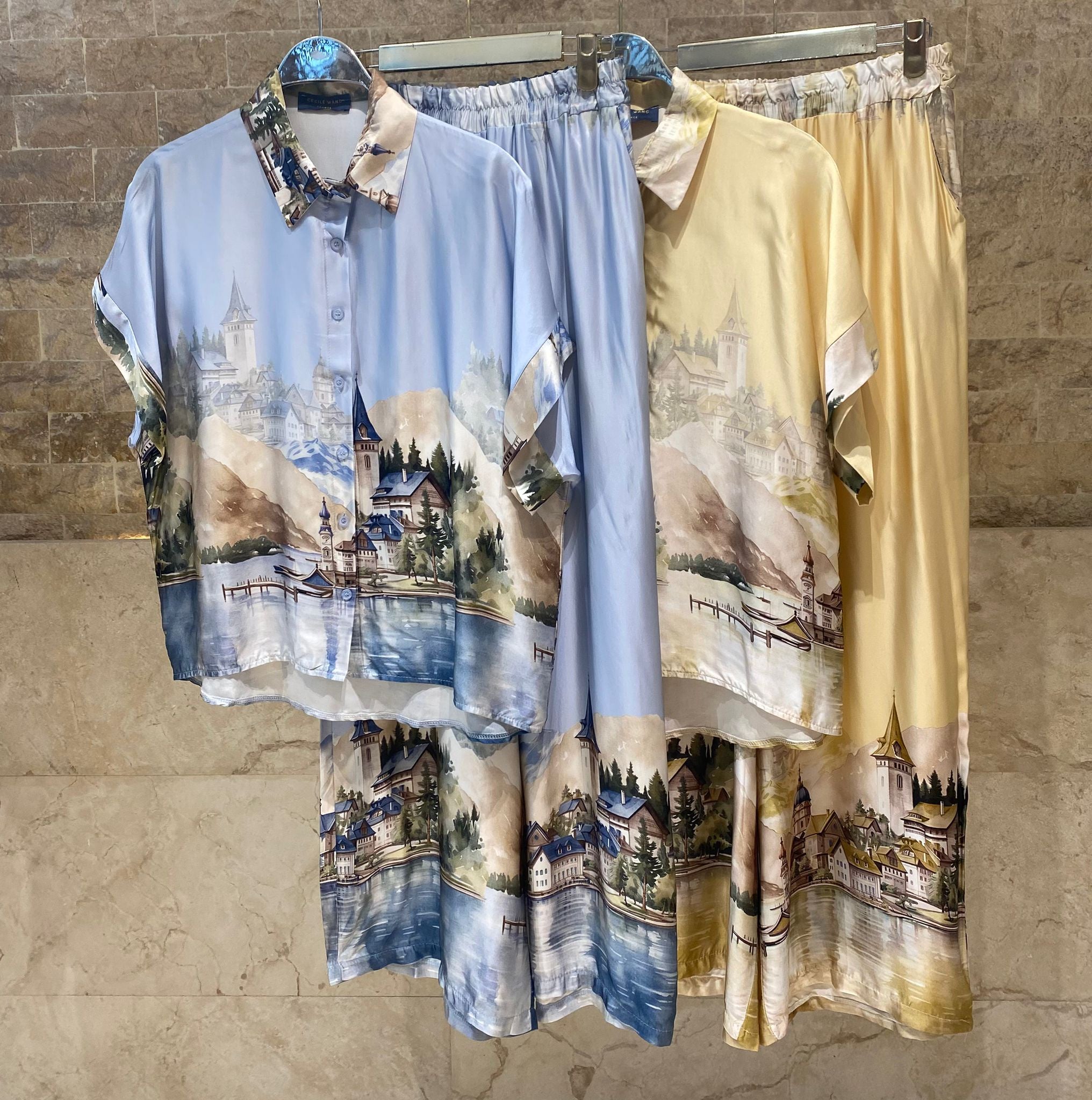 KD9157/37VS-32 Landscape Printed Satin Shirt and Pants