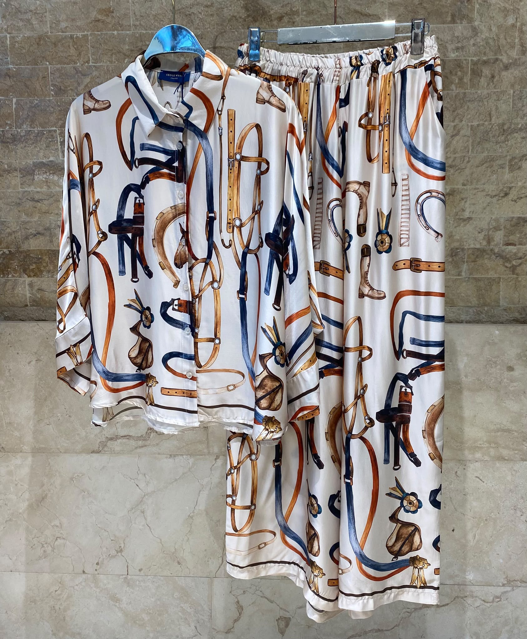Equestrian Printed Satin Shirt and Pants Set KD9721/6637VS-41