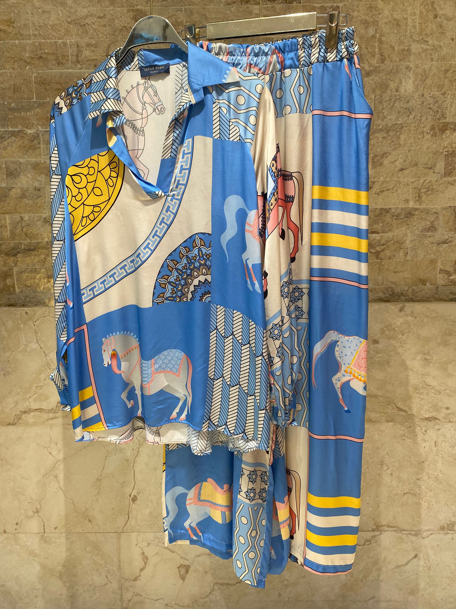 KD9966/6637-20 Equestrian Printed Satin Top and Pants - Brown Loft