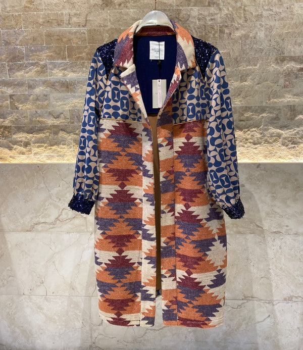 Bi-Material Ethnic Print Kaftan