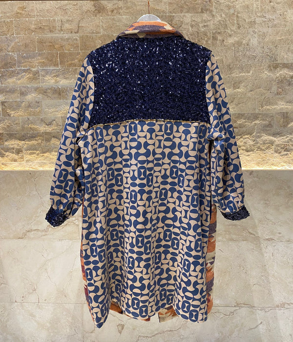 Bi-Material Ethnic Print Kaftan