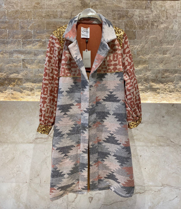 Bi-Material Ethnic Print Kaftan
