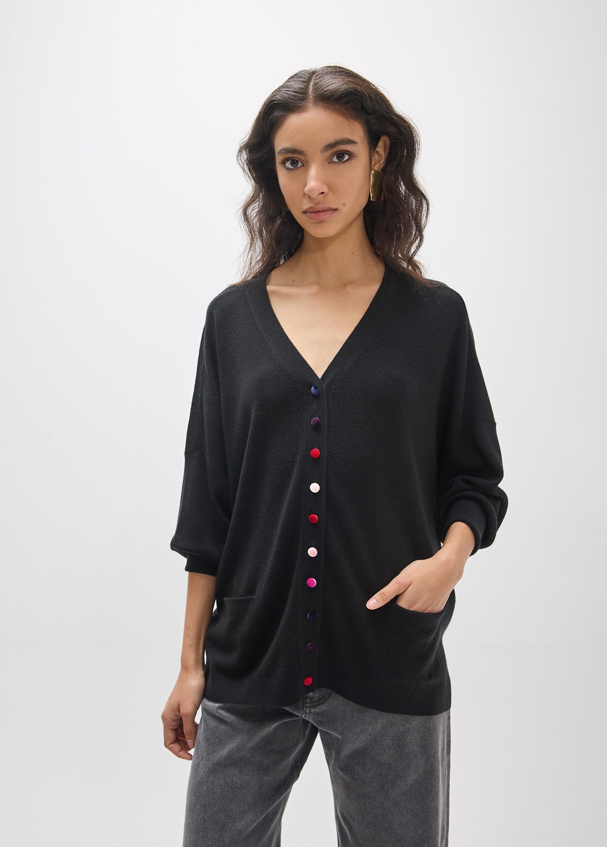 MF2611002 Multicolor Velvet Buttoned Oversized Cardigan