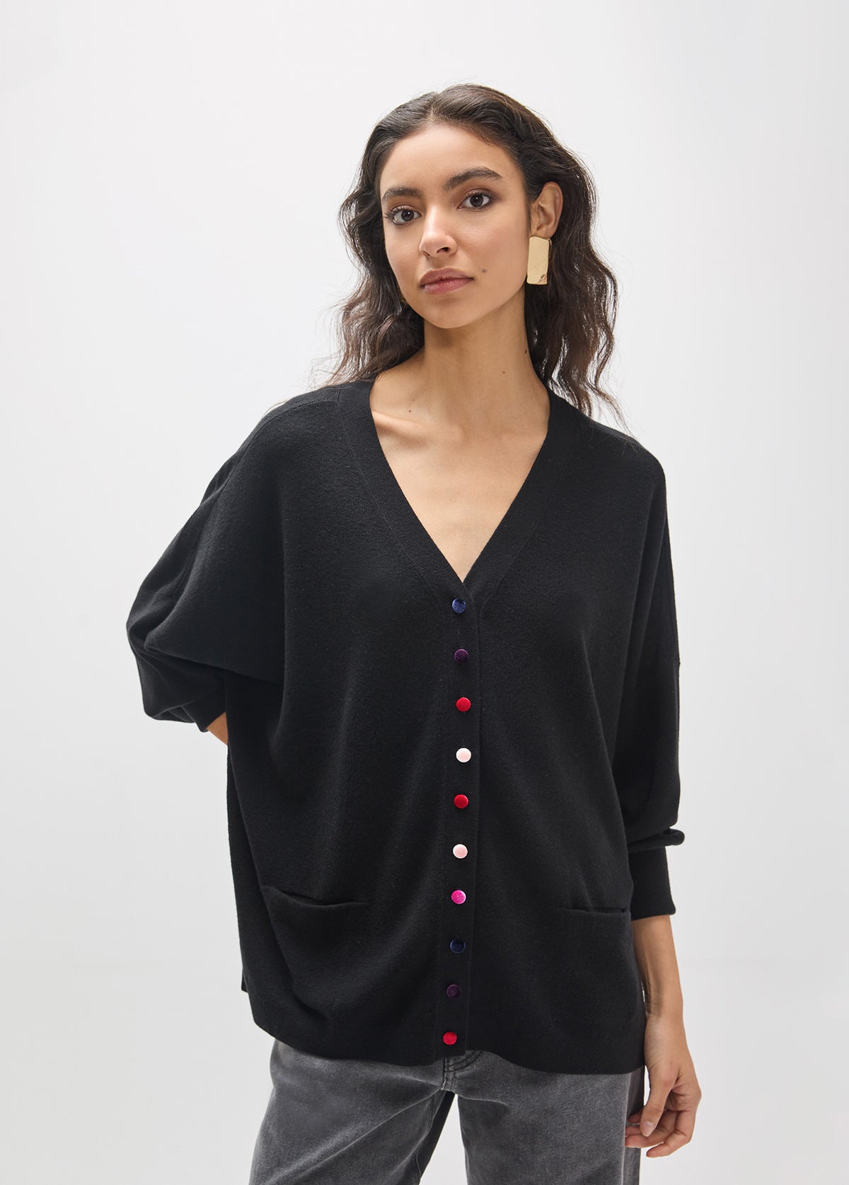 MF2611002 Multicolor Velvet Buttoned Oversized Cardigan