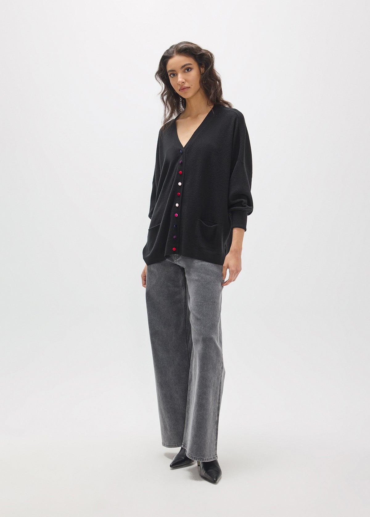 MF2611002 Multicolor Velvet Buttoned Oversized Cardigan