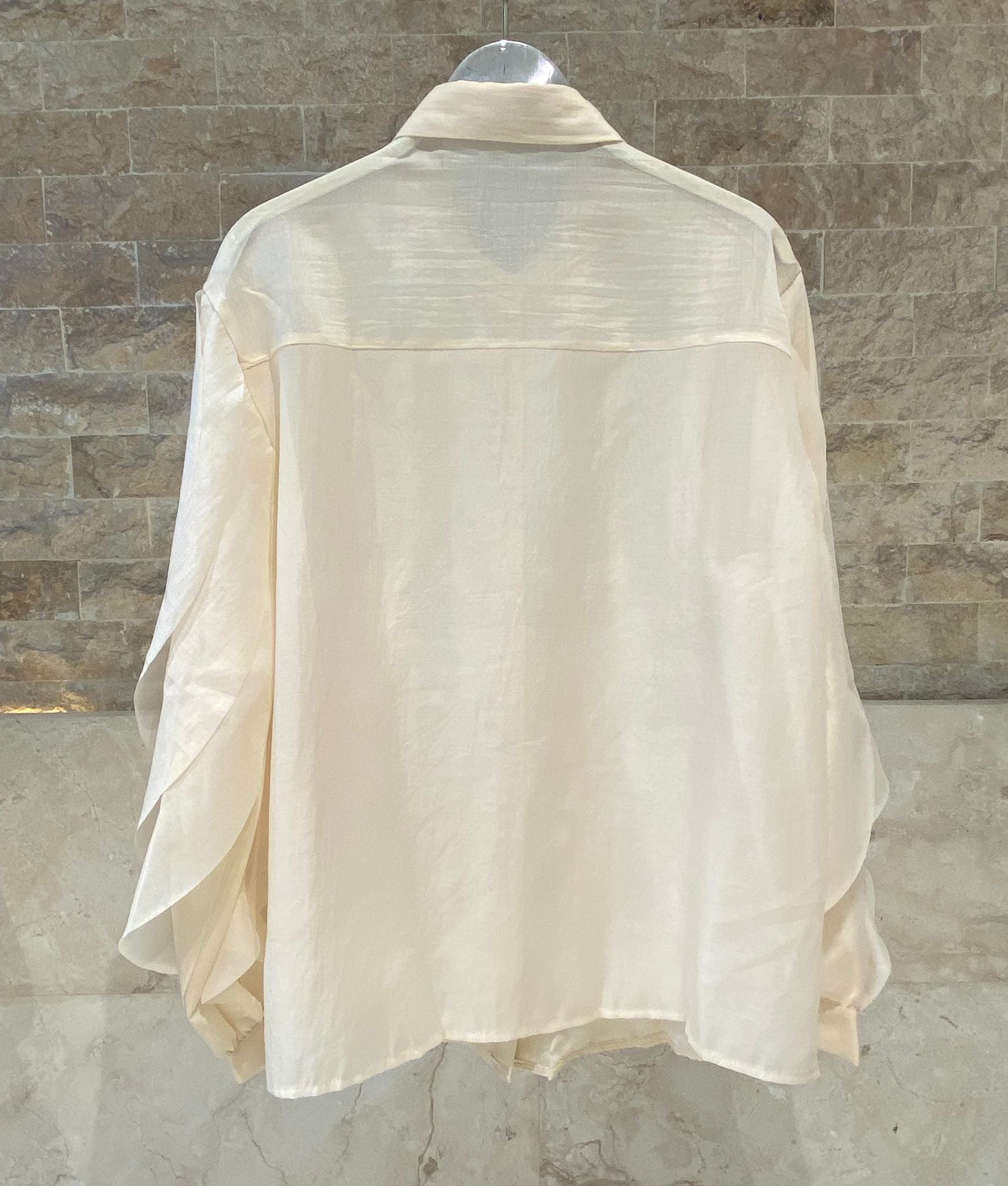 MJ261960 Ruffled Sheer Sculpted Oversized Shirt قميص شفاف منحوت كبير الحجم مع كشكشة - Brown Loft