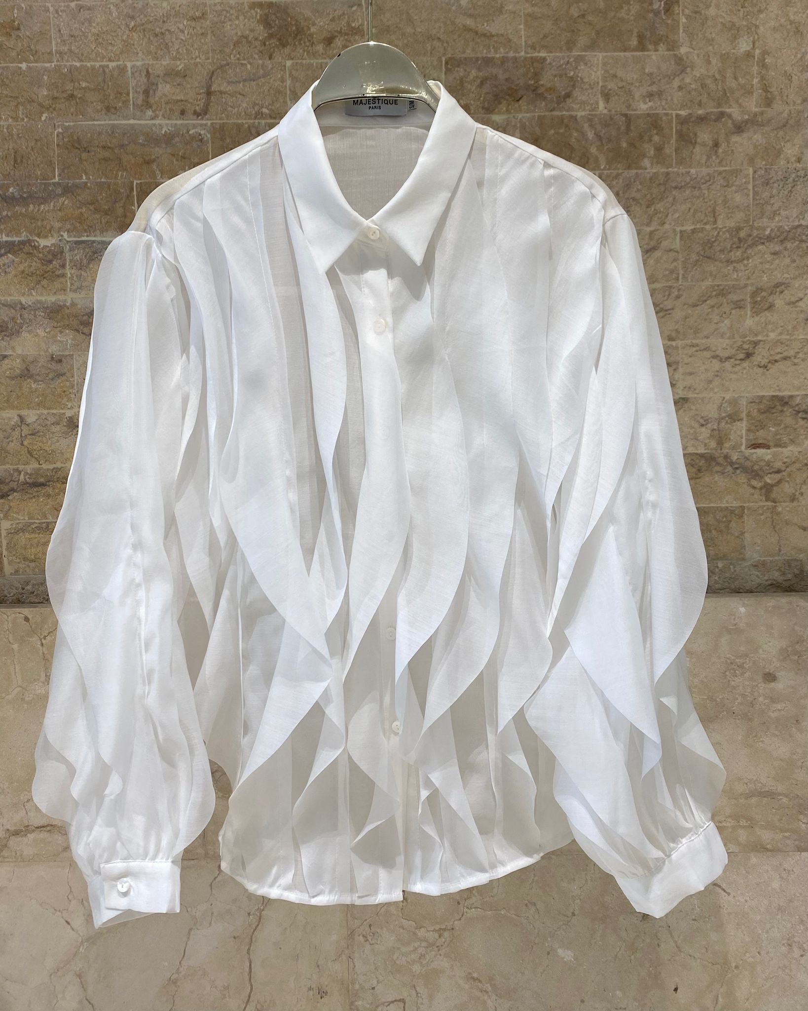 MJ261960 Ruffled Sheer Sculpted Oversized Shirt قميص شفاف منحوت كبير الحجم مع كشكشة - Brown Loft