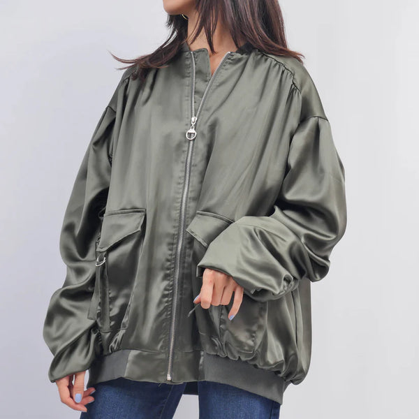 MJ84069 سترة ساتان كبيرة الحجم ذات ياقة مضلعة وسحاب