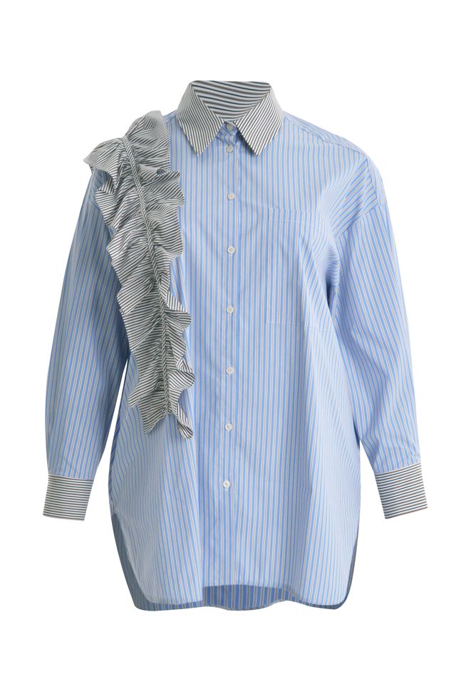 Asymmetric Ruffle Striped Shirt 8601.3018