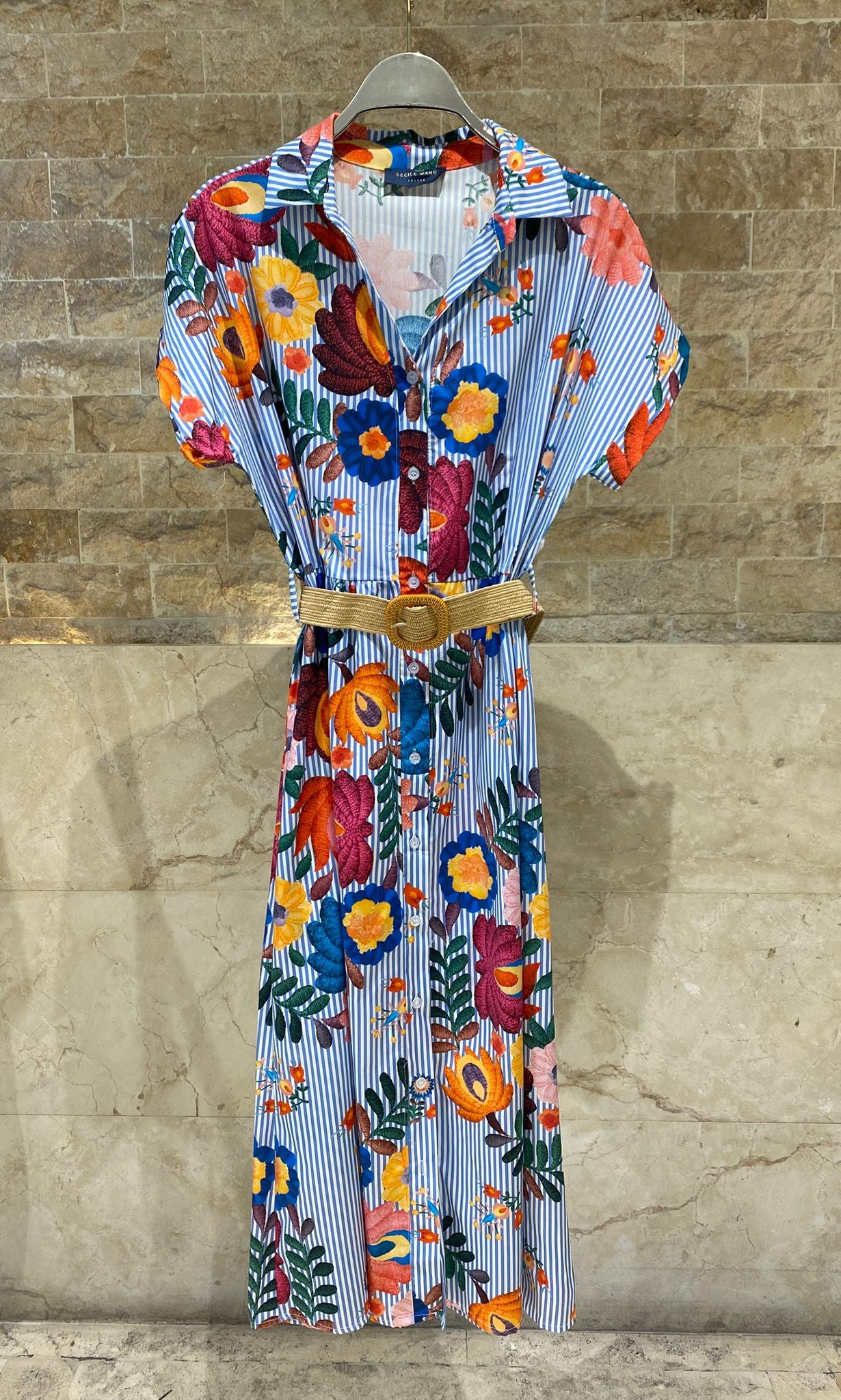 TDM19826 Striped Floral Printed Long Dress فستان طويل مخطط بنقشة زهور - Brown Loft