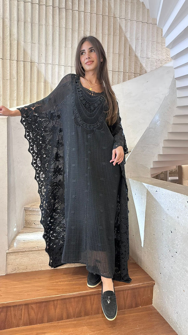 Black Crochet Embroidered Cotton Kaftan