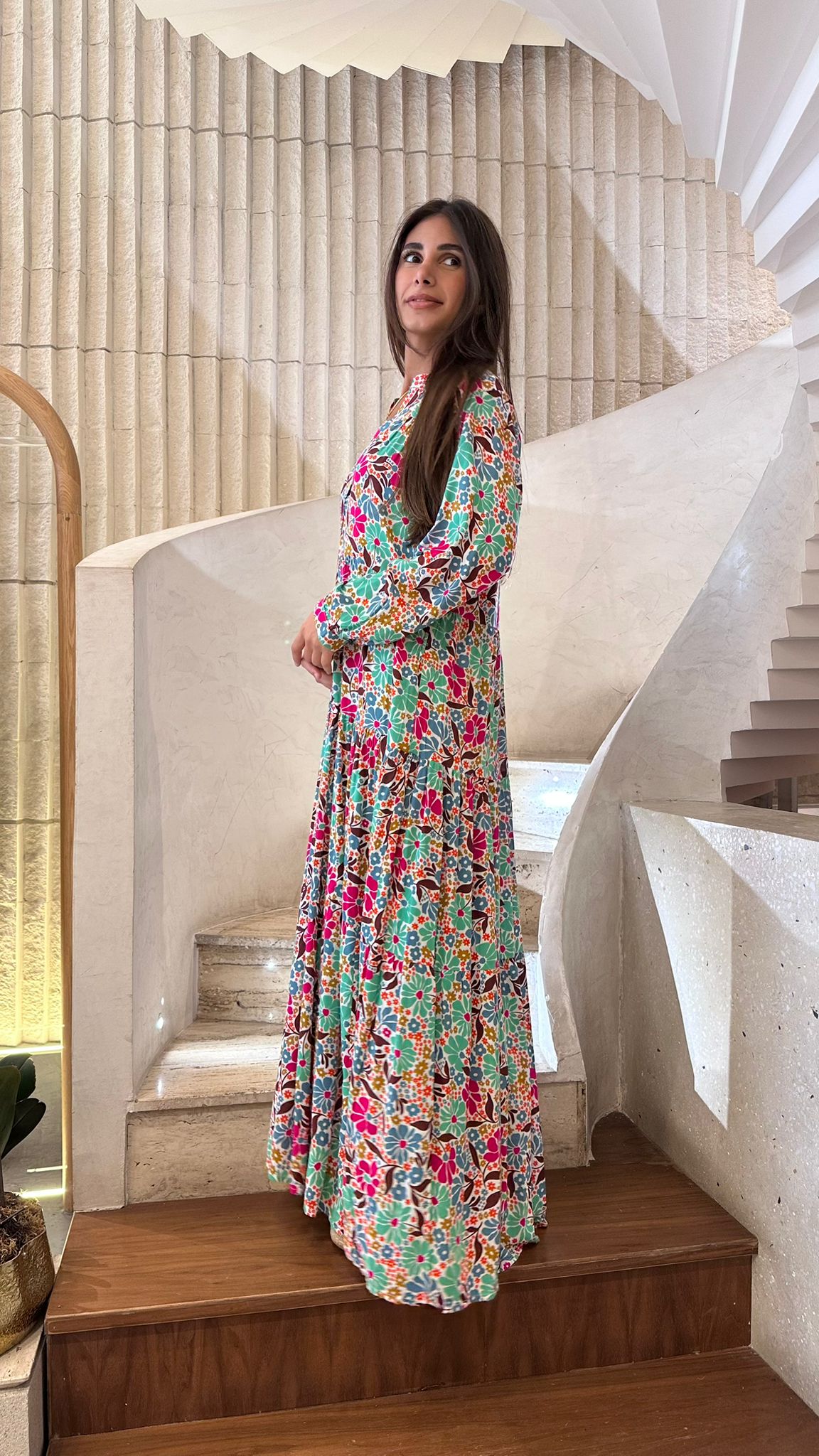 67192 Floral Multi Floral Printed Tiered Long Dress - Brown Loft
