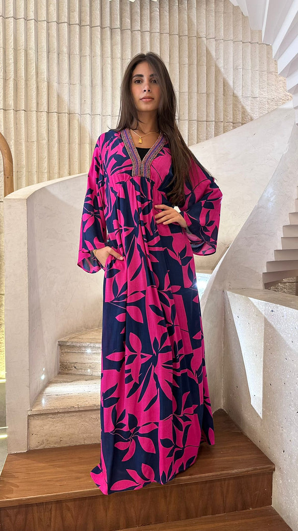LS2416076 (Beads Neckline Long Printed Dress) الخرز العنق فستان طويل مطبوع