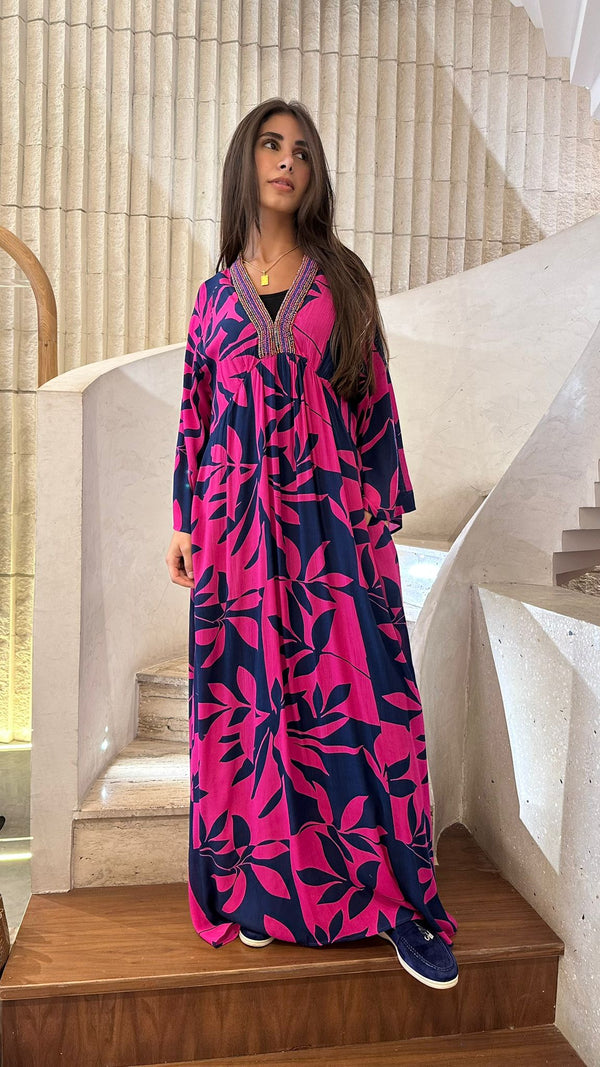 LS2416076 (Beads Neckline Long Printed Dress) الخرز العنق فستان طويل مطبوع