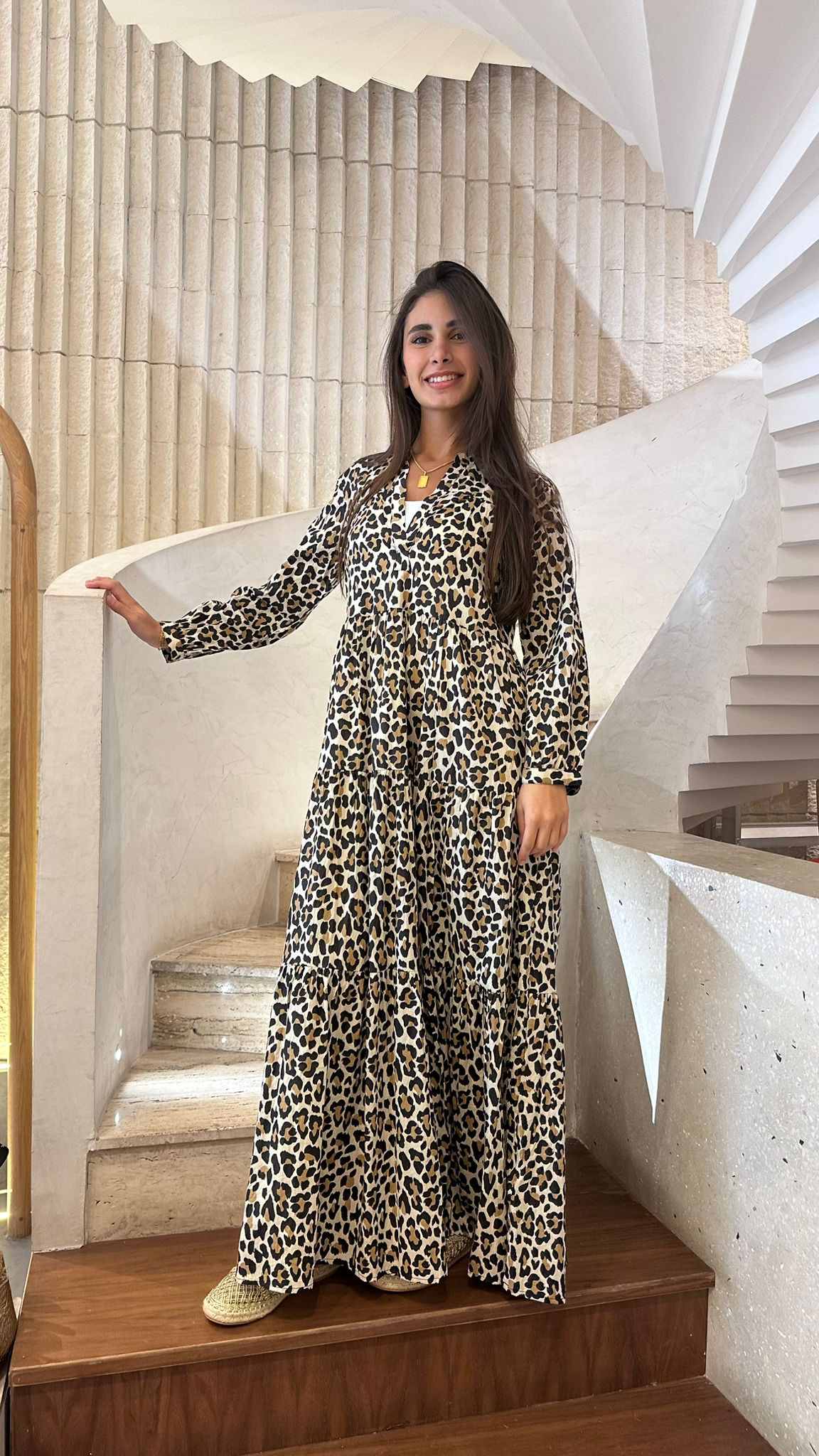 67148 Leopard - Mao V-Collared Tiered Long Dress - Brown Loft