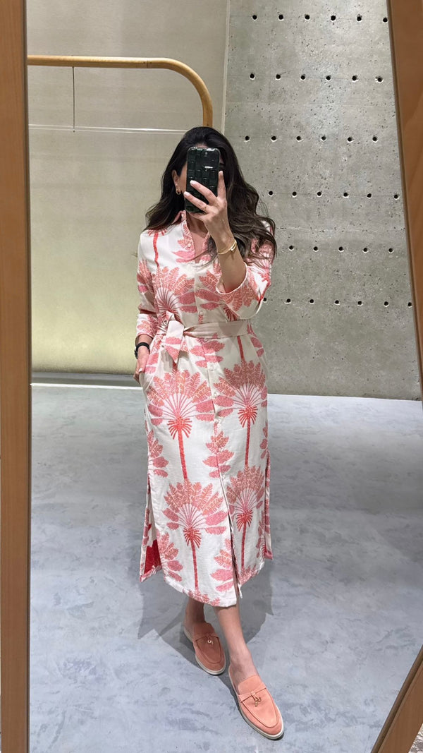 Midi Dress with Palm Trees Embroidery - 32564