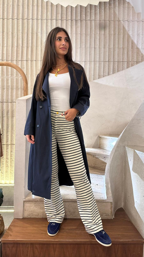 Navy Striped Flared Knit Pants