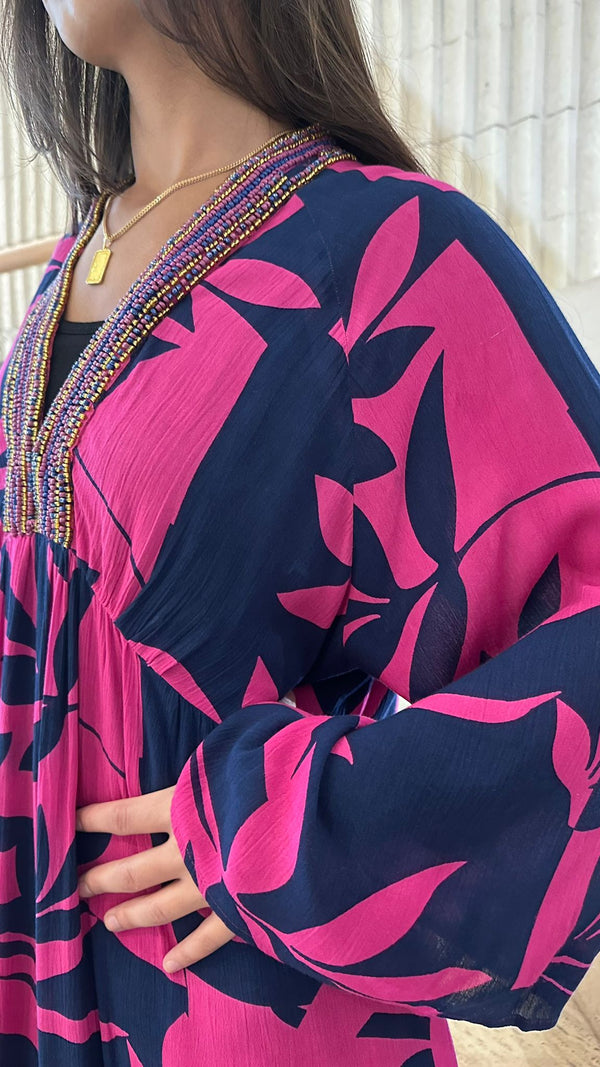 LS2416076 (Beads Neckline Long Printed Dress) الخرز العنق فستان طويل مطبوع
