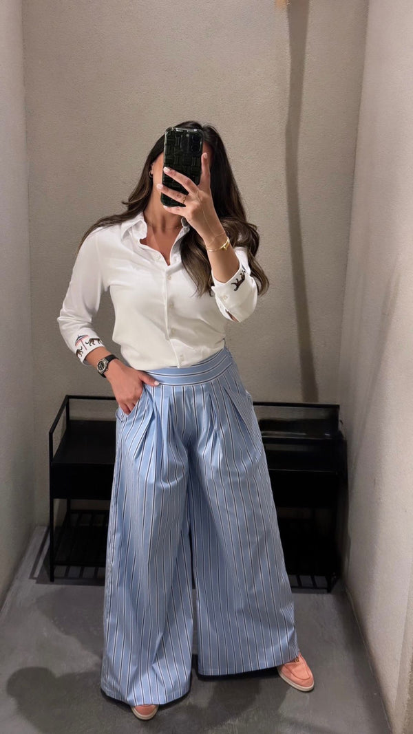 Blue Striped Cotton Palazzo Pants
