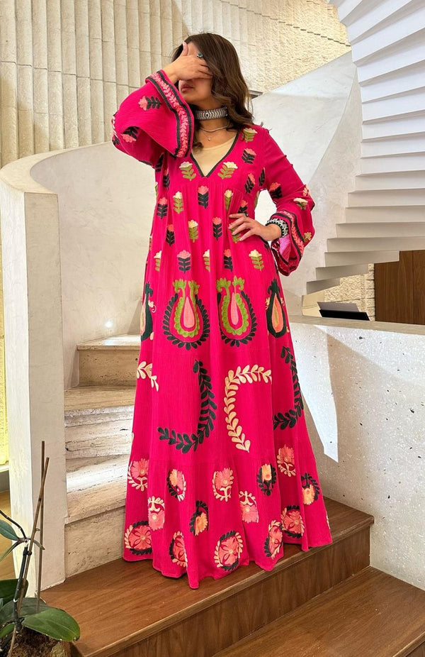 Tulip Embroidered Cotton Long Dress