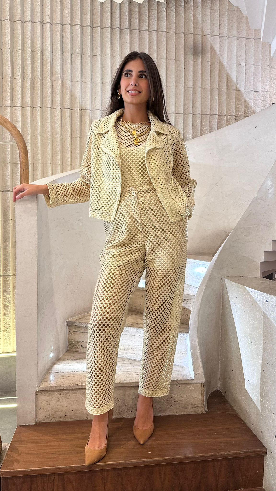 53-5128 Buttoned Zippered High Waist Perforated Metallic Pants - Brown Loft