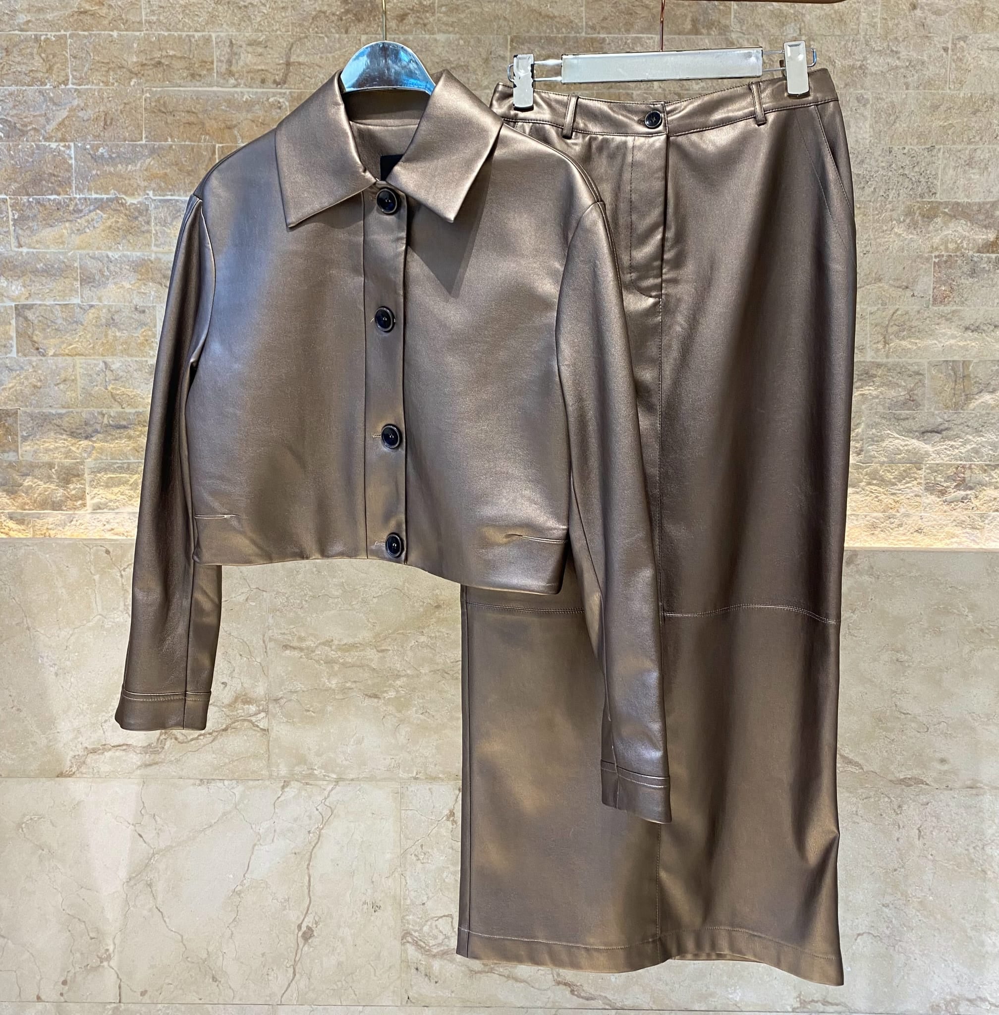 54-1071/6051 Faux Leather Jacket and Skirts Set - Brown Loft